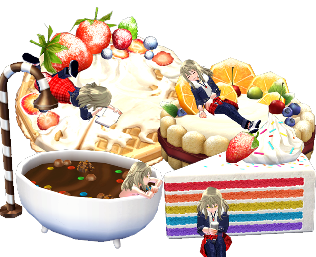 Mabinogi Ginormous Cake, Ginormous Strawberry Waffle, Ginormous Fruit Tart, Sweet Chocolate Bathtub